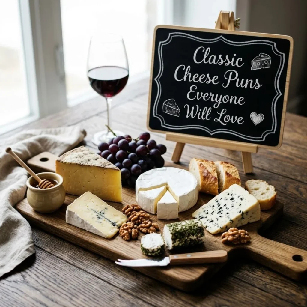 Artisanal cheese platter with brie, blue cheese, red wine, and a chalkboard reading classic cheese puns
