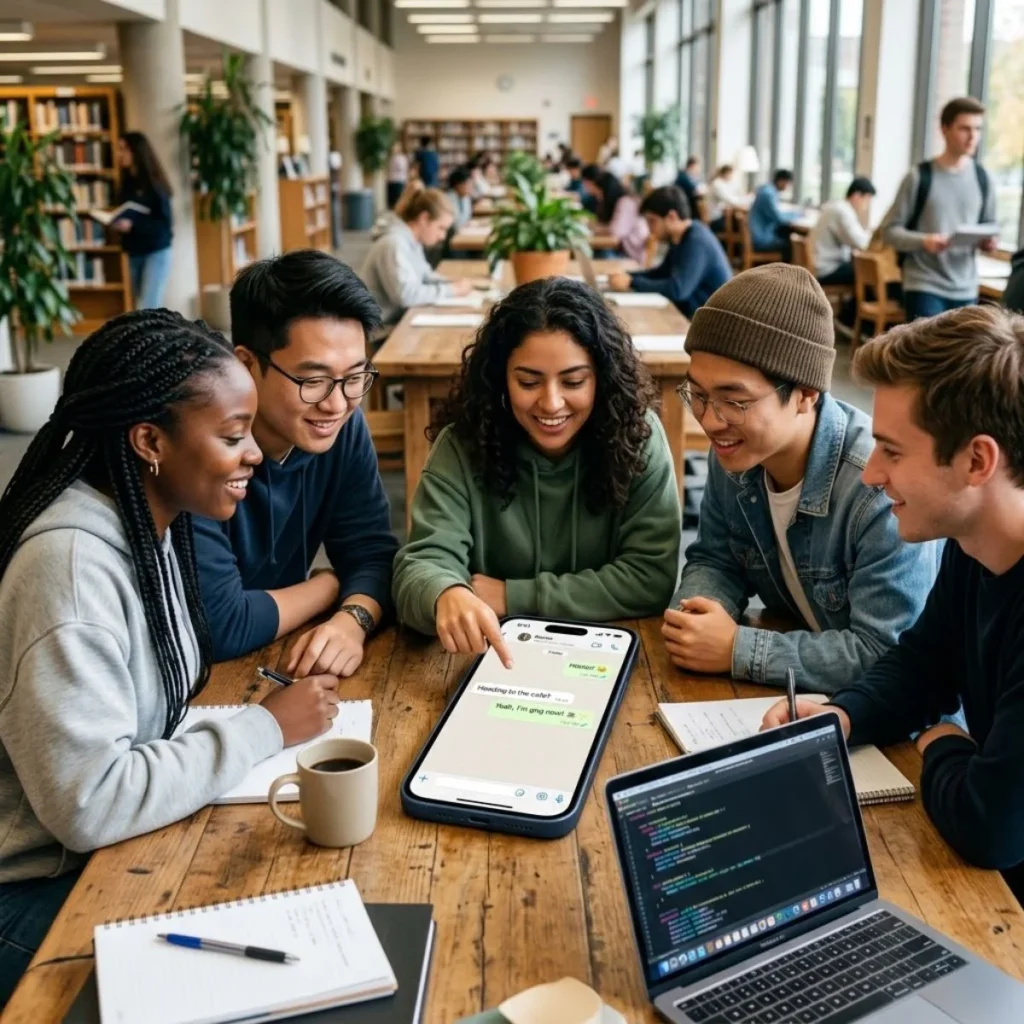 Five university friends smiling around a smartphone screen while studying at a wooden table in a busy library