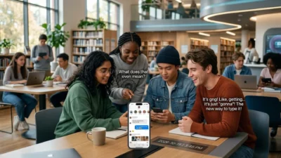 Diverse college students gathered around a smartphone discussing modern text slang in a university library