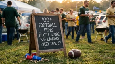 Wooden chalkboard sign and football on grass at a lively tailgate party