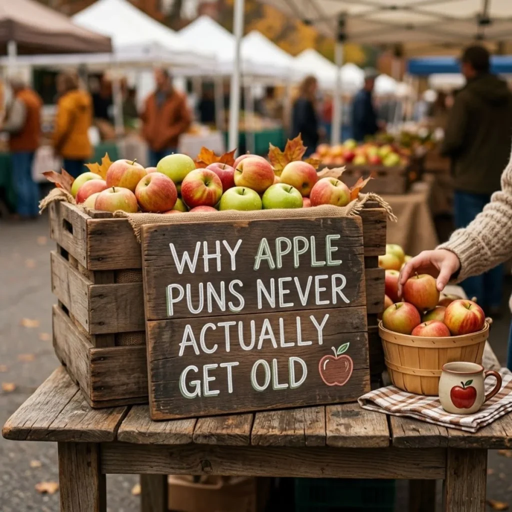 Fresh red and green apples in a rustic wooden crate with a chalkboard sign at an outdoor autumn market