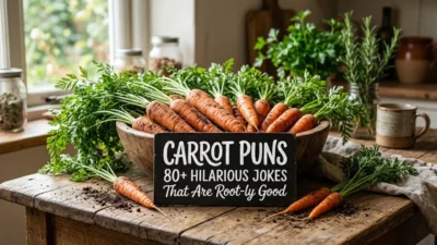 Freshly harvested carrots in a wooden bowl beside a small chalkboard sign reading Carrot Puns.