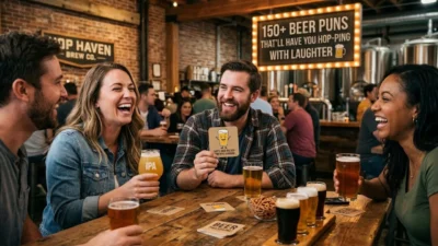 Four friends laugh together around a rustic brewery table filled with craft beer flights and printed pun coasters.