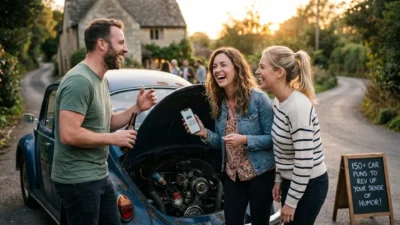 Three friends laugh beside an old blue car with an open hood and a chalkboard sign reading car puns on a country road.