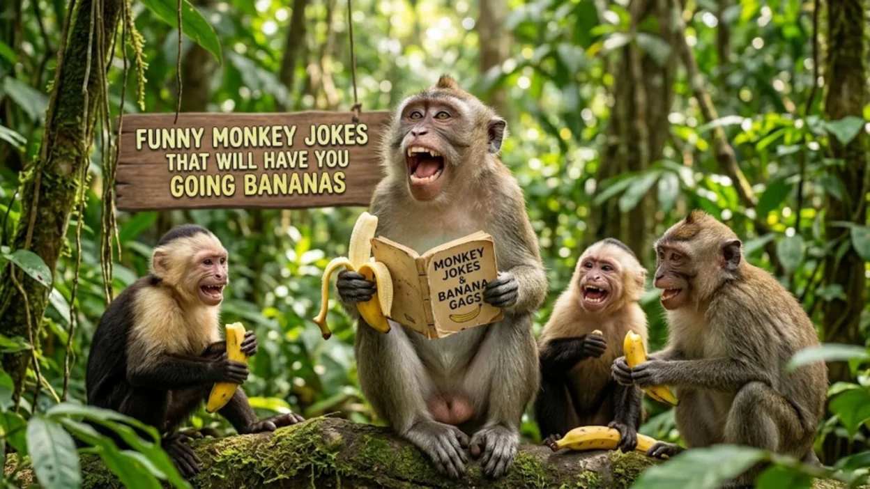 Wild monkeys sitting on a tree branch laughing while reading a joke book and eating bananas