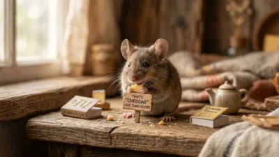Cute small mouse holding a cheese pun sign on a rustic wooden table next to miniature books.