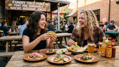 Two friends laughing outdoors at a wooden table filled with tacos, tortilla chips, guacamole, and hot sauces