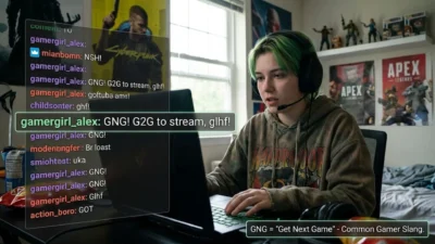 Female streamer wearing a headset typing at her laptop with a live GNG chat overlay.
