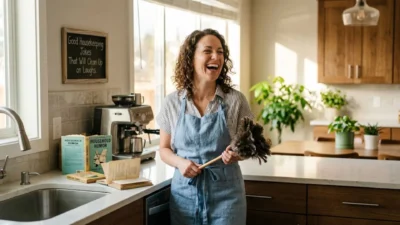 Woman laughing cheerfully while holding a feather duster by a kitchen island with humor books nearby