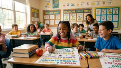 Laughing students in a classroom writing snake puns with snake-themed decorations on bulletin boards