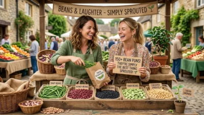 Two smiling women behind a rustic farmers market stand display fresh beans and a wooden sign with bean puns.