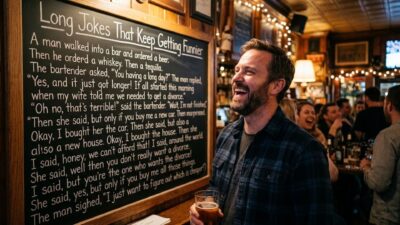 Man laughing next to a large chalkboard joke while holding a beer in a crowded pub