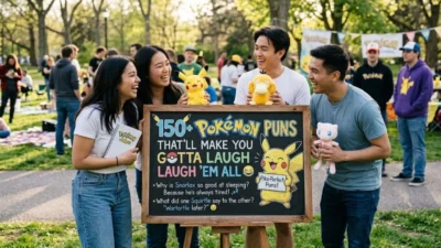 Friends smiling around a Pokemon puns chalkboard sign in a sunny park with plush toys.