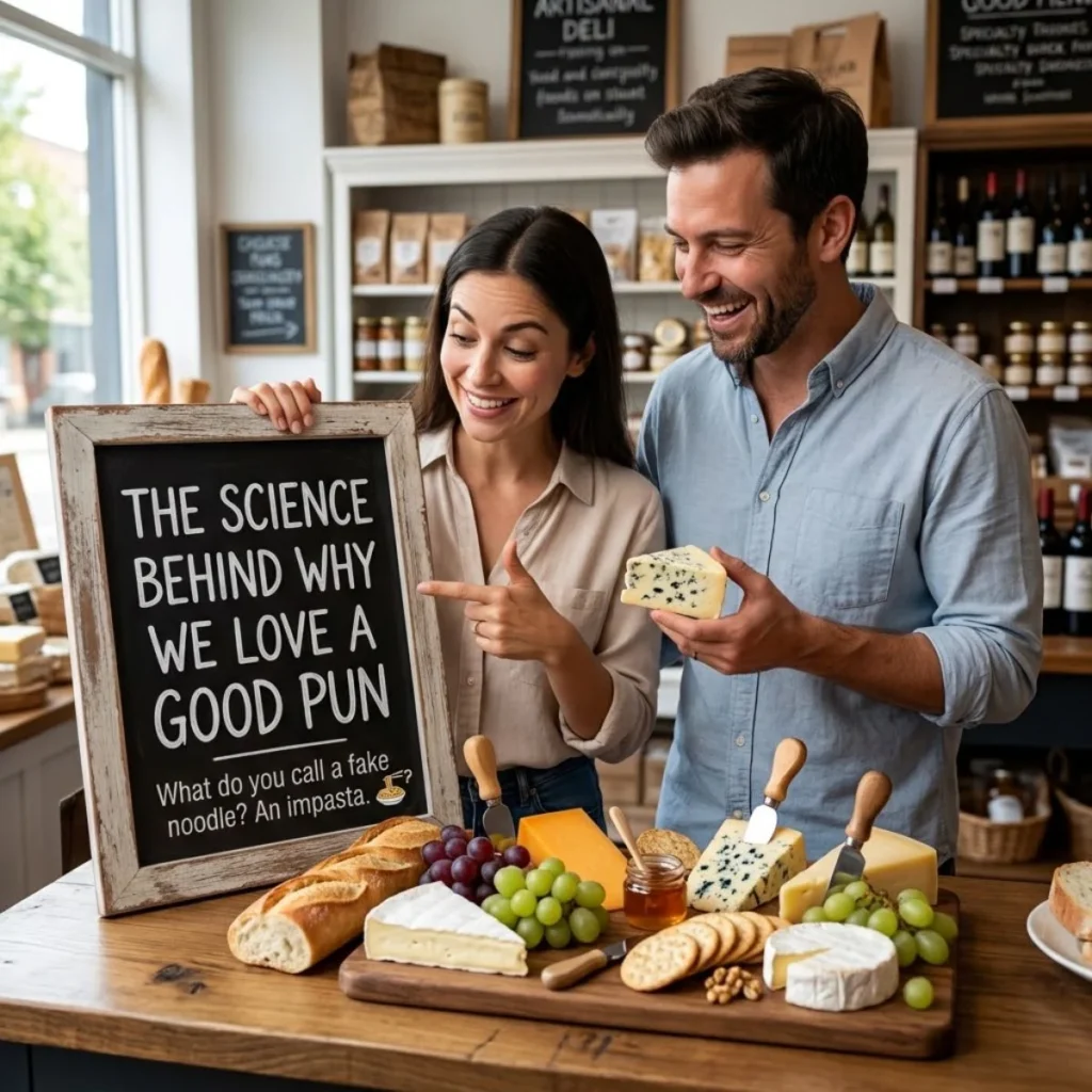 A smiling couple holding a chalkboard pun sign next to a gourmet cheese board in a sunlit deli