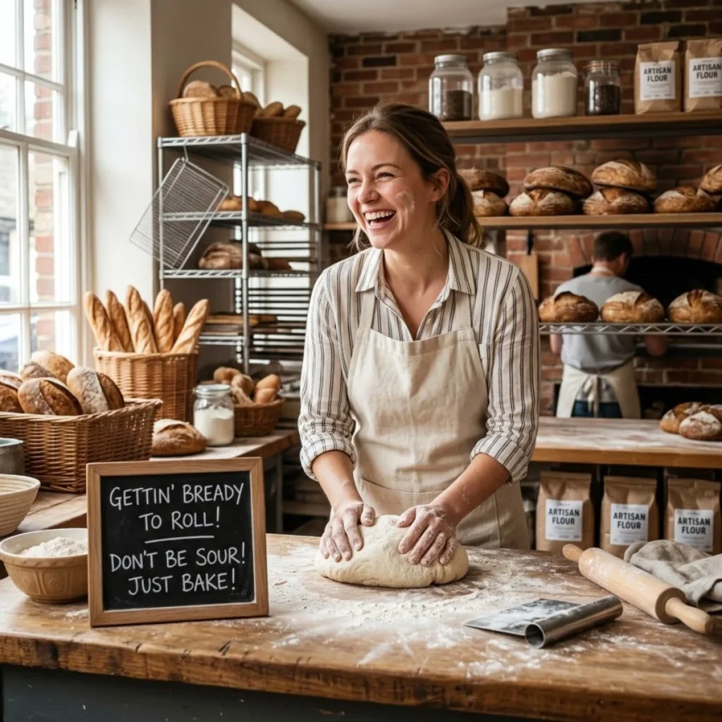 Smiling baker kneading fresh sourdough dough beside a chalkboard sign in a rustic bakery.