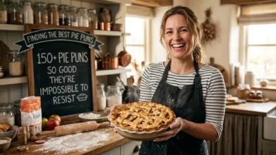 A smiling woman in an apron holds a baked lattice pie in a rustic kitchen beside a sign about pie puns.
