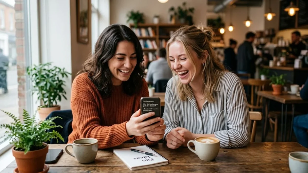 : Two women laughing together at hilarious puns on a smartphone at a cafe table with coffee cups.