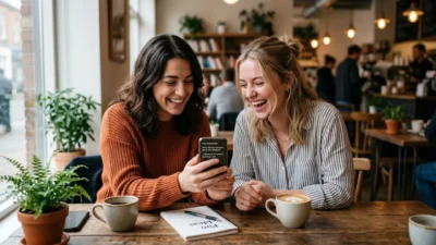 : Two women laughing together at hilarious puns on a smartphone at a cafe table with coffee cups.