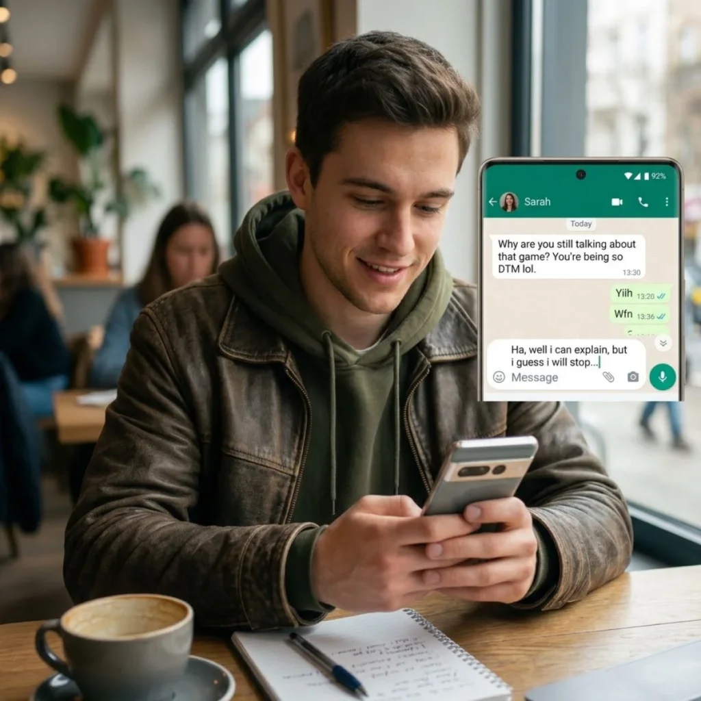 Smiling young man looking at his smartphone with a chat overlay showing DTM text slang in a cafe