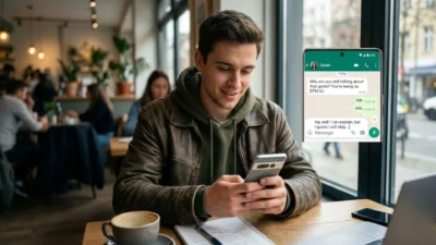 Young man smiling at a phone screen showing a text message with DTM slang in a cozy cafe
