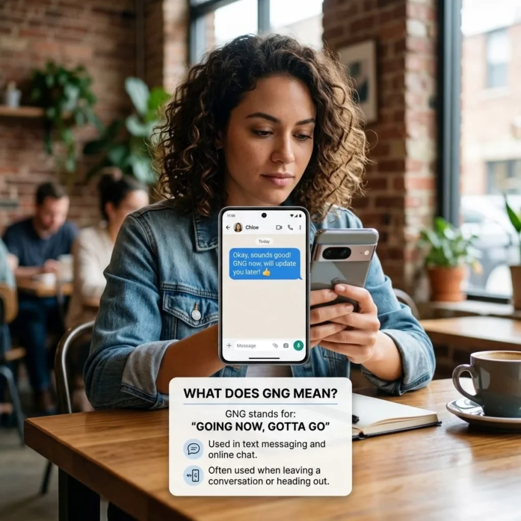 Woman at a cafe table looking at a smartphone displaying a chat bubble with GNG meaning Going Now Gotta Go.