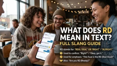 Friends laughing at a cafe table while holding a phone showing RD text message meanings.