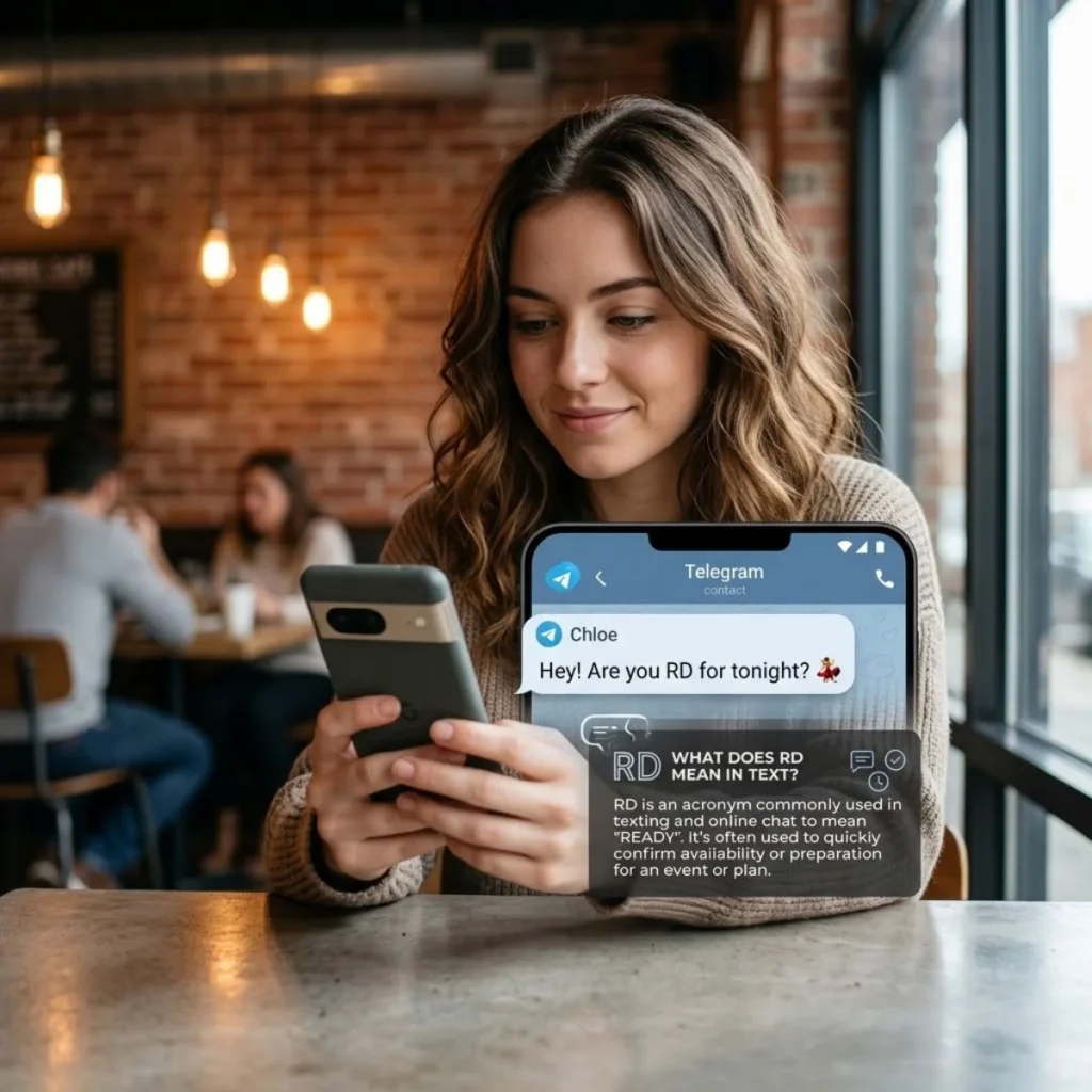 Woman holding a smartphone showing a text asking are you RD for tonight with an explanation of the slang term.
