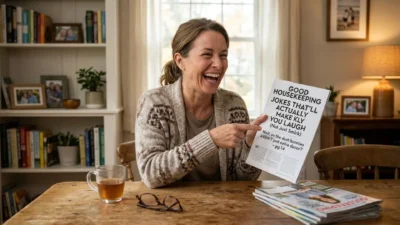 Woman laughing cheerfully while holding a magazine page of housekeeping jokes at a wooden table