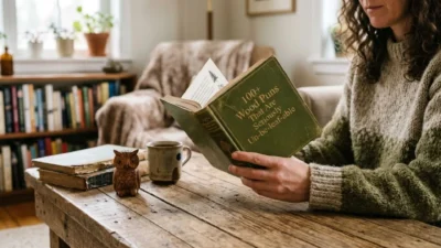 Woman reading a book of wood puns over a rustic wooden table with a coffee mug
