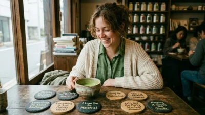 Smiling woman enjoying a bowl of green matcha tea surrounded by quirky pun coasters in a rustic cafe