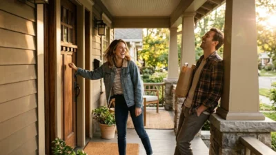 Woman knocking on a front door while laughing hysterically with a man leaning against a porch pillar.