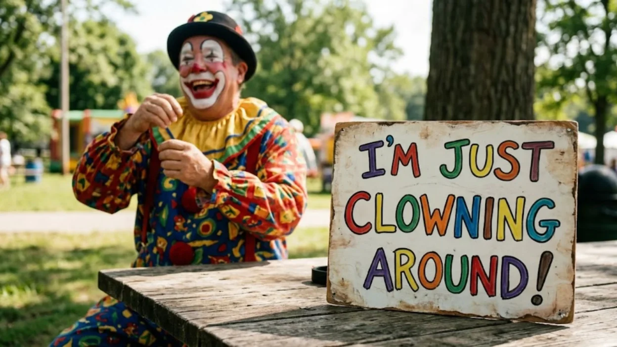 Laughing clown in colorful costume sitting at a park picnic table next to a playful clowning around sign