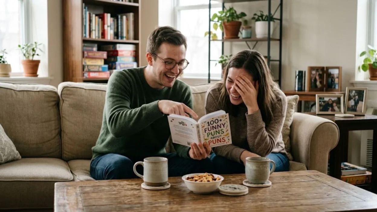 Couple laughing together on a sofa while reading a humorous book titled 100+ Funny Puns About Puns
