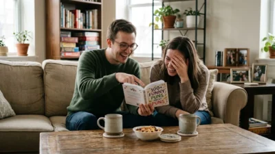 Couple laughing together on a sofa while reading a humorous book titled 100+ Funny Puns About Puns