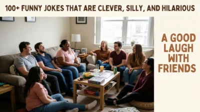 Diverse group of smiling friends sitting on a sofa and floor laughing together in a living room