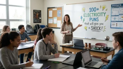 Female science teacher gesturing toward electricity puns on a whiteboard in a high school physics classroom