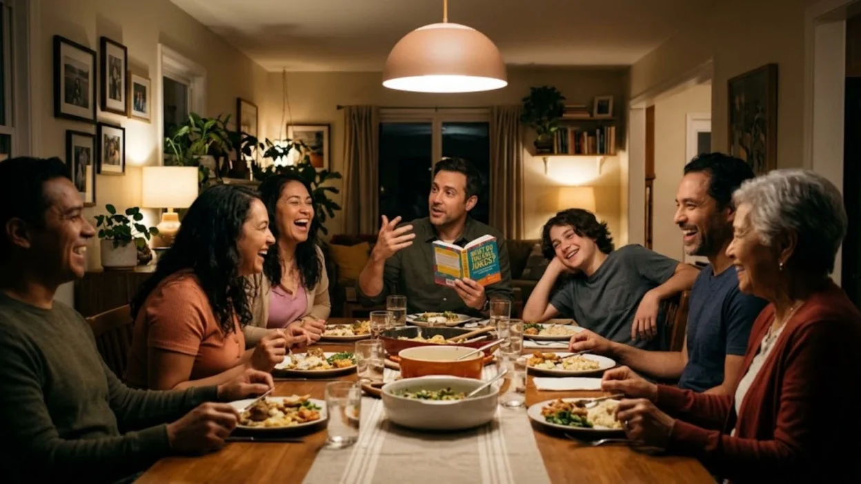 A smiling family laughs together around a dinner table as a man reads questions from a colorful joke book