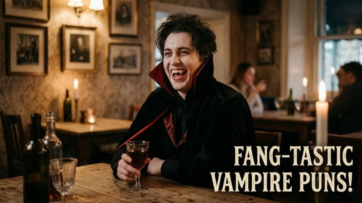 Smiling vampire in a black cape sitting at a candlelit tavern table with text reading fang-tastic vampire puns