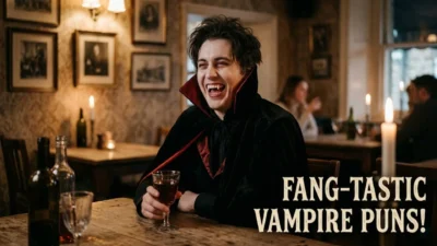 Smiling vampire in a black cape sitting at a candlelit tavern table with text reading fang-tastic vampire puns