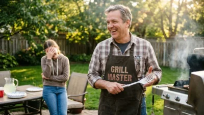 Smiling father by a backyard grill holding a spatula while his daughter facepalms in the background.