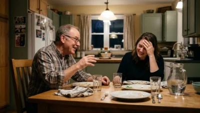 An older father tells a cringe-worthy joke to his laughing daughter over dinner at their home kitchen table.