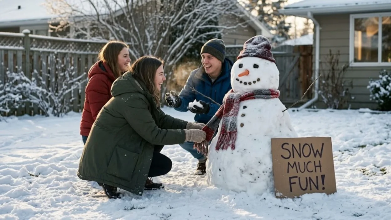 Three happy friends laughing in a snowy backyard while building a snowman with a sign