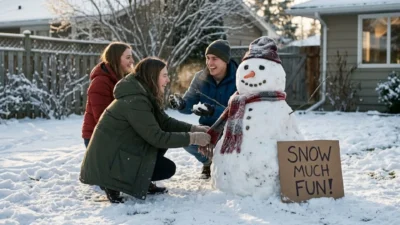 Three happy friends laughing in a snowy backyard while building a snowman with a sign