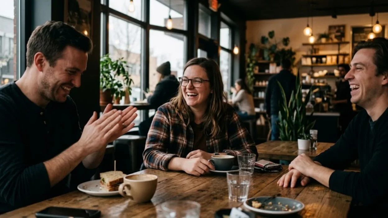 Three friends laughing warmly around a wooden cafe table while one man claps playfully.