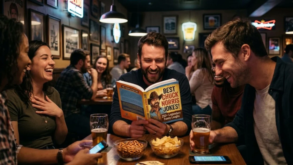 Friends laughing around a pub table while a man reads from a Chuck Norris joke book with beers and snacks