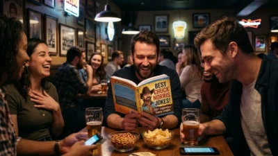 Friends laughing around a pub table while a man reads from a Chuck Norris joke book with beers and snacks
