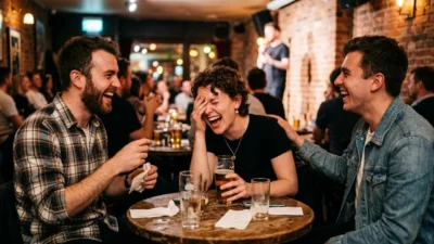 Three friends laughing out loud together at a comedy club table with drinks