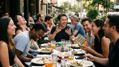 Diverse friends laughing heartily around an outdoor cafe table while reading from a colorful short jokes book