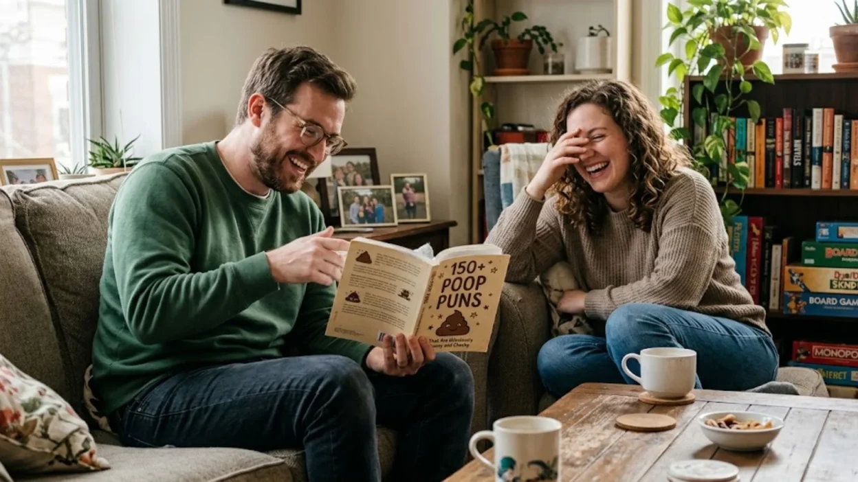 Man and woman sitting in a cozy living room laughing while reading a funny joke book together