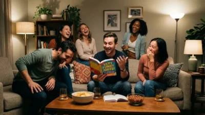 A group of diverse friends laughing heartily around a coffee table while a man reads from a colorful joke book